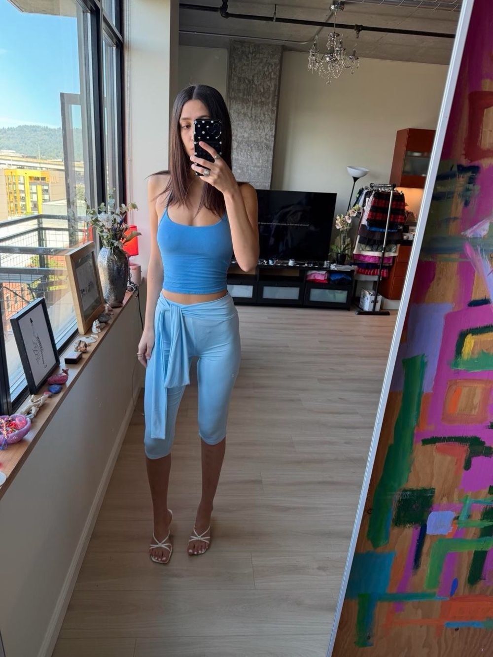 Light Blue High-Waist Tie-Front Capri Pants - Women